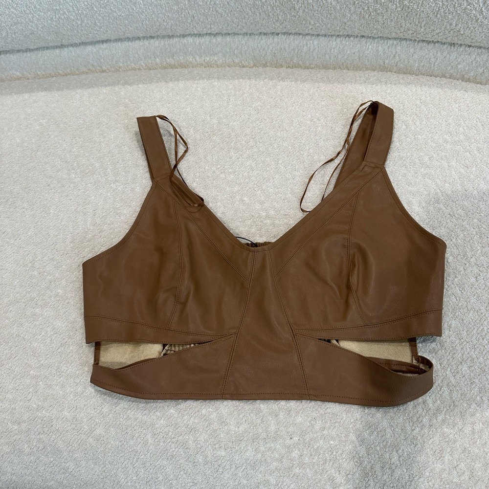 Zara Brown Cutout Faux-Leather Crop Top